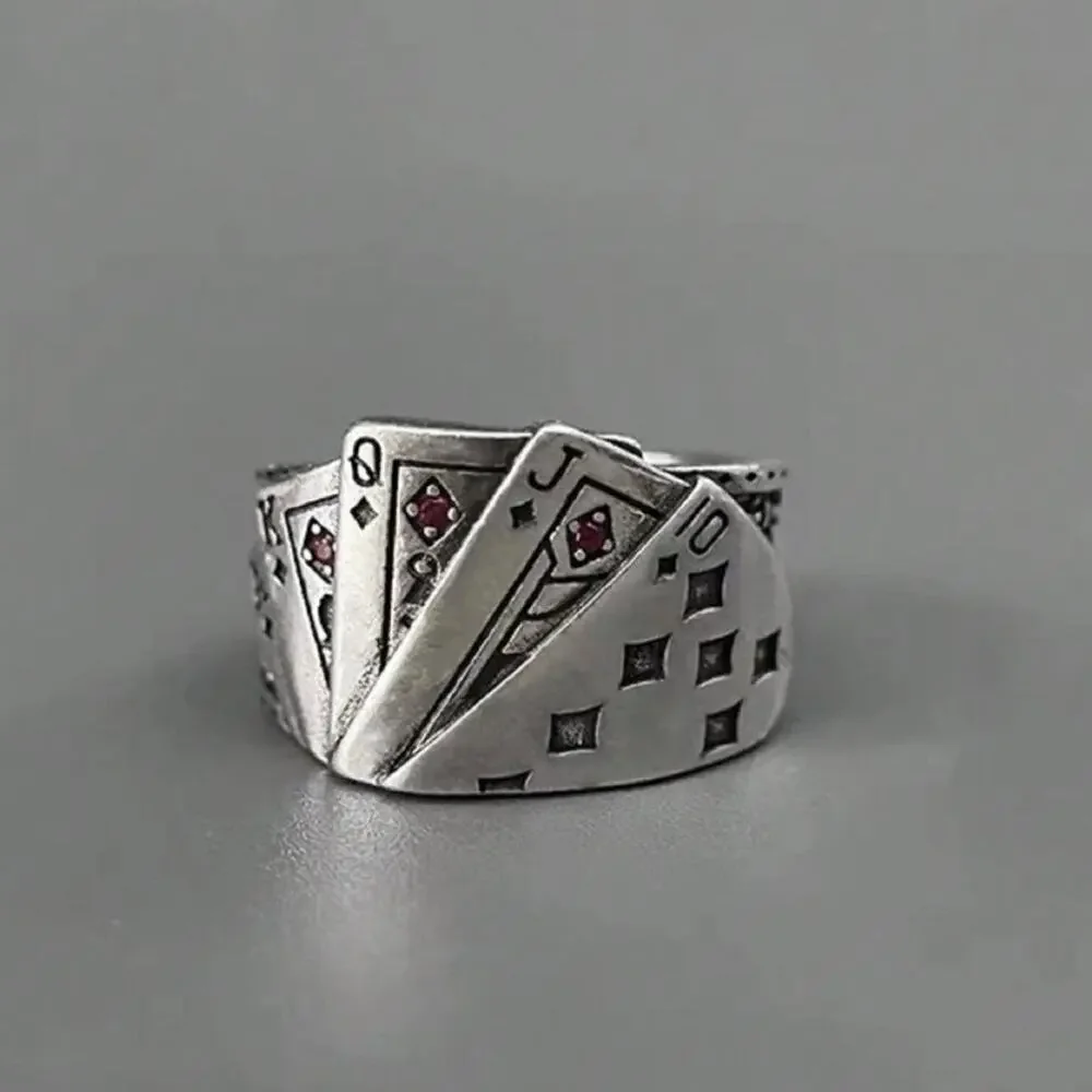 Y2K Deck of Cards Silver Ring – Adjustable Chrome Vintage Style, Unisex, New